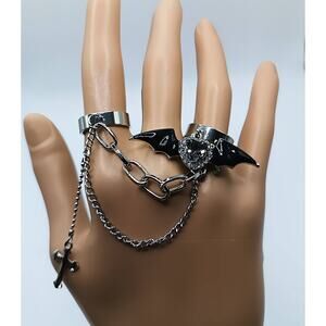 Gothic Heart Wing Cross Double Chain Ring Set Adjustable Brass